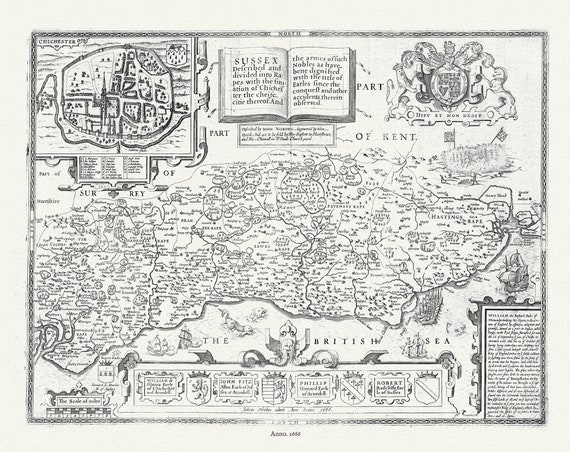 England. Sussex, 1666, Speed auth., map on durable cotton canvas, 50 x 70 cm or 20x25" approx.