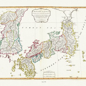 Japón y Corea, 1794, Laurie, Whittle et Kitchin auths., mapa sobre lienzo de algodón pesado, 50x70cm (20 x 25") aprox.