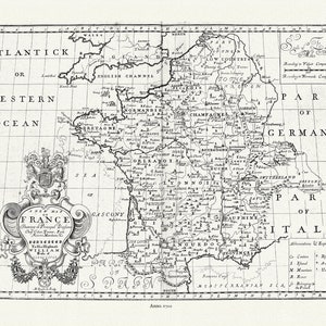 Frankreich, 1700, Wells auth., vintage Landkarte nachgedruckt auf strapazierfähiger Baumwollleinwand, ca.