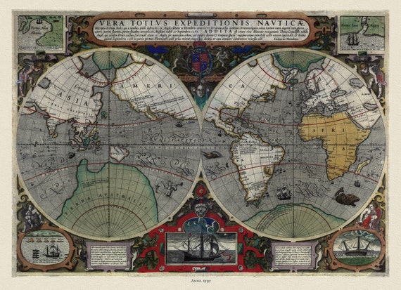 World,  Hondius auth., 1595, map on heavy cotton canvas, 50 x 70 cm or 20x25" approx.