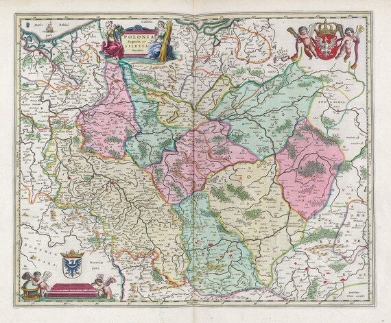 Poland: Polonia Regnum, et Silesia Ducatus, 1665, Bleau auth., map on heavy cotton canvas, 50 x 70 cm