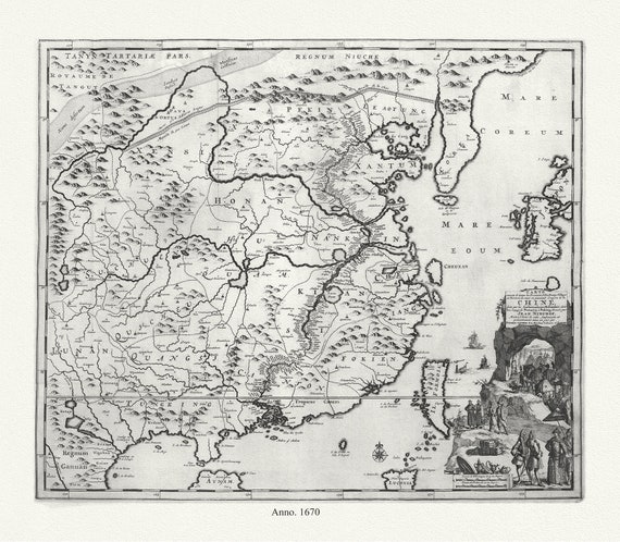 China, Chine carte, 1670,van der Aa auth. map,  on cotton canvas 21x25" or 50x70cm