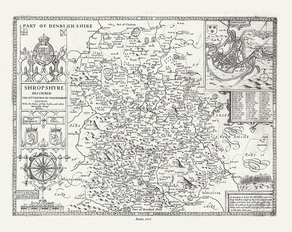 England. Shropshyre, 1676, Speed auth., map on durable cotton canvas, 50 x 70 cm or 20x25" approx.