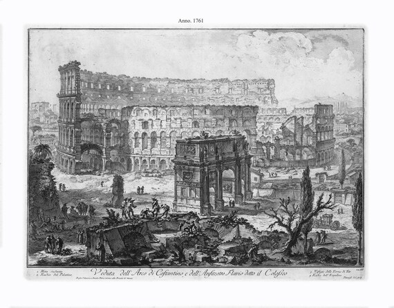 Giovanni Battista Piranesi, Veduta dell' Arco di Costantino, e dell' anfiteatro Flavio detto il Colosseo, 1756, canvas, 50 x 70 cm  approx.