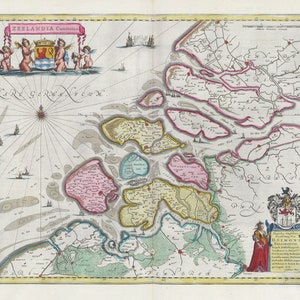 Países bajos, Zeelandia Comitatus,1665, Blaeu auth., mapa sobre lienzo de algodón pesado, 50 x 70 cm