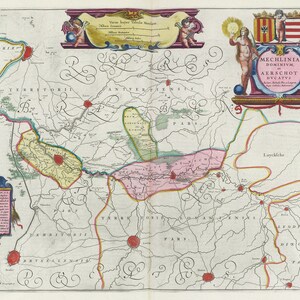 Países bajos, Mechlinia Dominivm, et Aerschot Dvcatvs, 1665, Blaeu auth., mapa sobre lienzo de algodón pesado, 50 x 70 cm