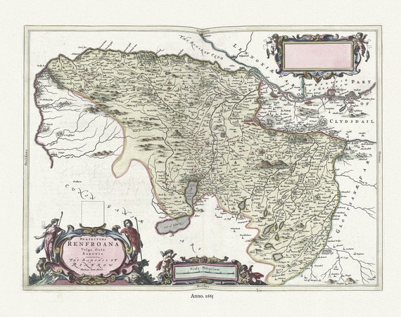 Scotland, Renfew, Praefectura Renfroana, 1665, Blaeu, auth., map on durable cotton canvas, 50 x 70 cm or 20x25" approx.