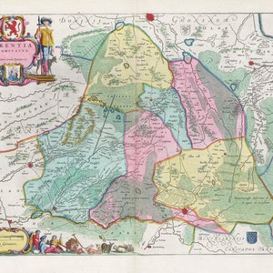 Países bajos, Drentia Comitatvs,1665, Blaeu auth., mapa sobre lienzo de algodón pesado, 50 x 70 cm
