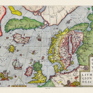 Ortelius, Abraham, Septentrionalivm regionvm descrip, (Región del Atlántico Norte), 1560, mapa sobre lienzo de algodón pesado, 22x27" aprox.