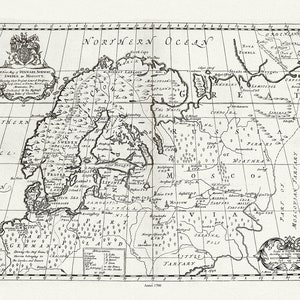 Escandinavia, Un nuevo mapa de Dinamarca, Noruega, Suecia y Moscovia, Wells Auth., 1700, mapa sobre lienzo de algodón, 50 x 70 cm o 20x25" aprox.