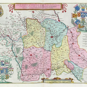 Países Bajos, Galloflandria,1665, Blaeu auth., mapa sobre lienzo pesado de algodón, 50 x 70 cm