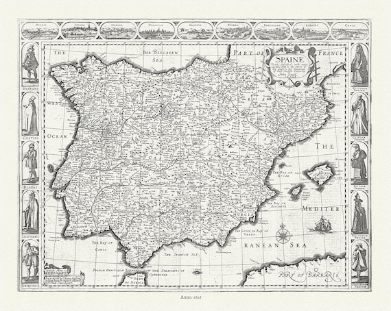 Spain, 1626, Speed, auth., map on durable cotton canvas, 50 x 70 cm or 20x25" approx.