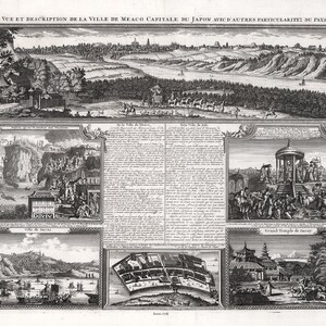 Japón: Vue et description de la ville de Meaco capitale du Japon avec d'autres, 1718 , mapa sobre lienzo de algodón, 50x70cm (20 x 25") aprox.