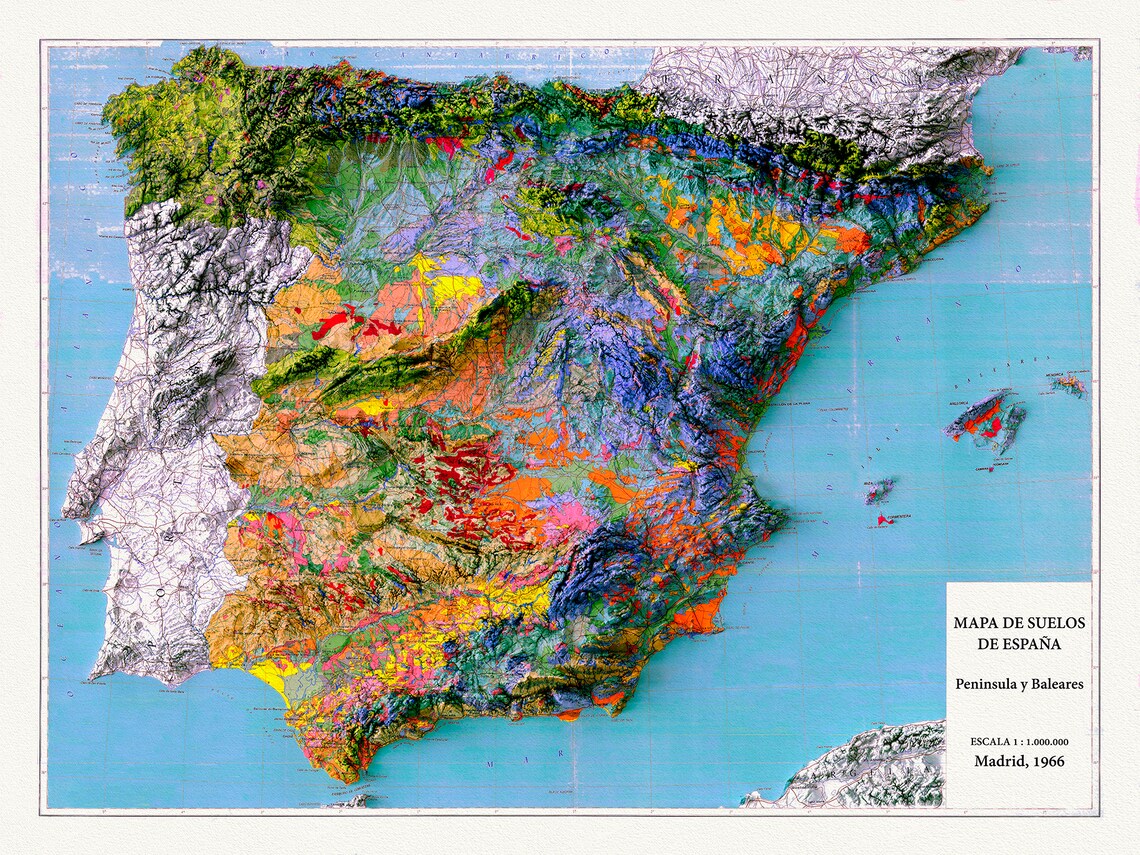 Spain A Geographical Map in High Relief 1966 Map on Heavy Etsy UK