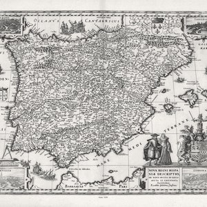 España: Blaeu, Nova Regnia Hispaniae Descriptio, 1630, mapa sobre lona gruesa de algodón, 22x27" aprox.