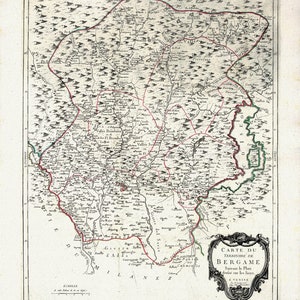 Italia: Bergamo , Carte de Territoire de Bergame, Santini auth., 1770, mapa sobre lienzo de algodón pesado, 50 x 70cm, 20 x 25" aprox.