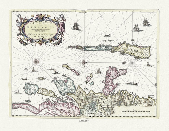 Scotland, Hebrides, aebudae Insulae sive Hebrides, 1665, Blaeu, auth., map on durable cotton canvas, 50 x 70 cm or 20x25" approx.