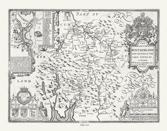 England. Westmoreland, 1676, Speed auth., map on durable cotton canvas, 50 x 70 cm or 20x25" approx.
