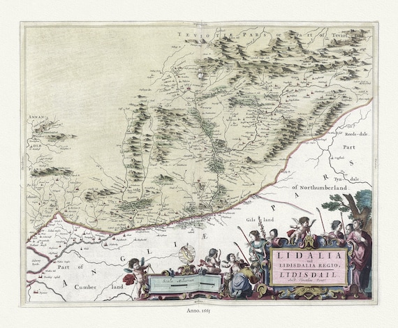 Scotland, Lidalia vel Lidisdalia Regio, 1665, Blaeu, auth., map on durable cotton canvas, 50 x 70 cm or 20x25" approx.