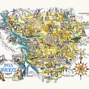 Francia, Jacques Liozu, Pays d'Ouest. Jacques Liozu, 1951, mapa sobre lienzo de algodón duradero, 50 x 70 cm o 20x25" aprox.