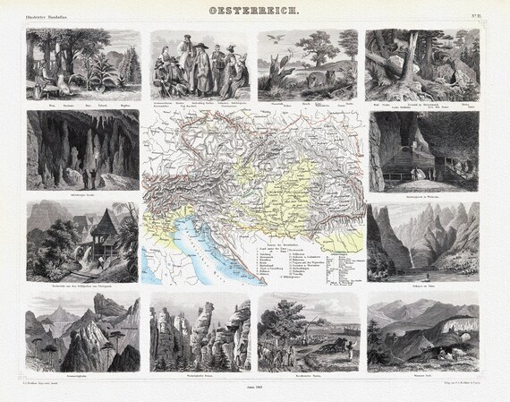 Austria: Brockhaus, Oesterreich, 1863 , map on heavy cotton canvas, 22x27" approx.