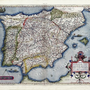 España: Abraham Ortelius, Theatrum Orbis Terrarum-Hispania, Anno. 1570 Ver. III, mapa sobre lienzo de algodón pesado, 22x27" aprox.