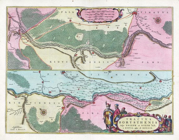 Europe, East, Ukraine, Tractvs Borysthenis Vulgo Dniepr et Niepr dicti, Kiovia usque ad Bouzin, 1665, Bleau auth., map on canvas, 50 x 70 cm