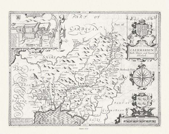 Wales. Caermarden Both Shyre and Towne, 1676, Speed authore, map on durable cotton canvas, 50 x 70 cm or 20x25" approx.