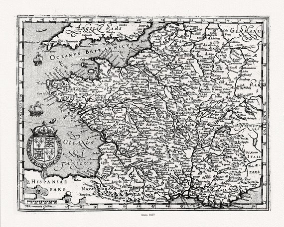 France: Mercator et Hondius, Gallia, 1607, map on heavy cotton canvas, 50 x 70 cm or 20x25" approx.