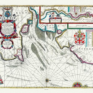 John Sellers, A Chart of the English Channel, de Atlas Maritimus, 1672, mapa sobre lienzo de algodón pesado, 22x27" aprox.