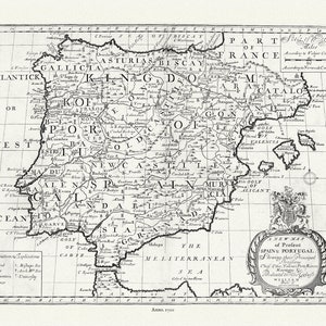España, 1700, Wells auth., mapa sobre lona de algodón duradero, 50 x 70 cm o 20x25" aprox.