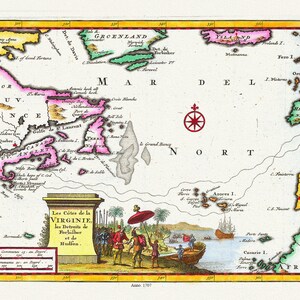 Les Cotes de la Virginie, les Detroits de Forbisher et de Hudson, 1707, Aa auth., mapa sobre lienzo de algodón pesado, 50 x 70cm, 20 x 25" aprox.