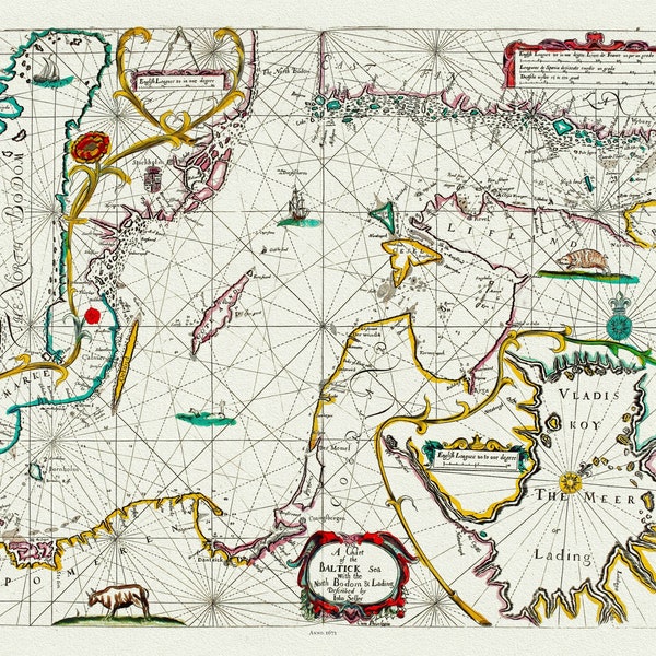 Eine Karte der Ostsee, aus Atlas Maritimus, 1672, Karte auf schwerer Baumwollleinwand, 22x27" ca.