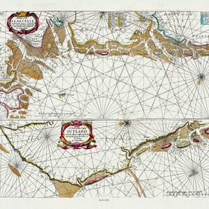 Una tabla de Eemes Elve & Jutlandia, 1672, mapa sobre lienzo de algodón pesado, 22x27" aprox.