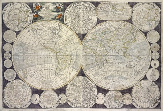 World, Cassini auth., 1798, map on heavy cotton canvas, 50 x 70 cm or 20x25" approx.