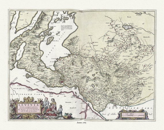 Scotland, Lennox, Levinia Vice Comitatvs, 1665, Blaeu, auth., map on durable cotton canvas, 50 x 70 cm or 20x25" approx.