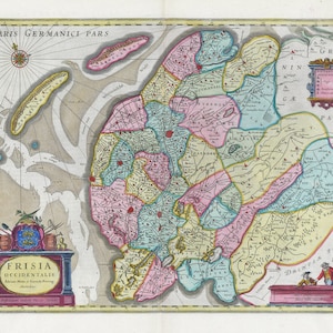 Pays-Bas, Frise Occidentalis, 1665, Blaeu auth., carte sur toile de coton lourde, 50 x 70 cm