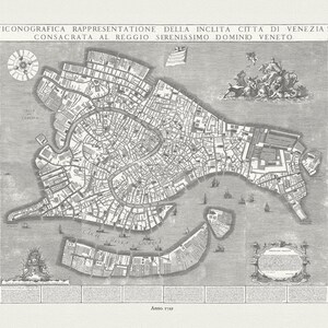Włochy, Wenecja, Iconografica Rappresentatione della Inclita Città di Venezia, 1729, mapa na grubym płótnie bawełnianym, 50 x 70 cm, ok. 20 x 25 cali.