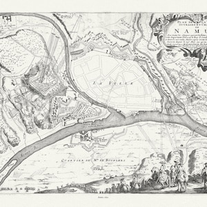 Pays-Bas : Belgique, Plan de la ville, ouvrages et château de Namur, 1692, Fer auth., carte sur toile, 50 x 70 cm ou 20x25 » env.