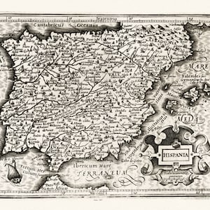 España, Mercator et Hondius, Hispania, 1607, mapa sobre lona gruesa de algodón, 22x27" aprox.