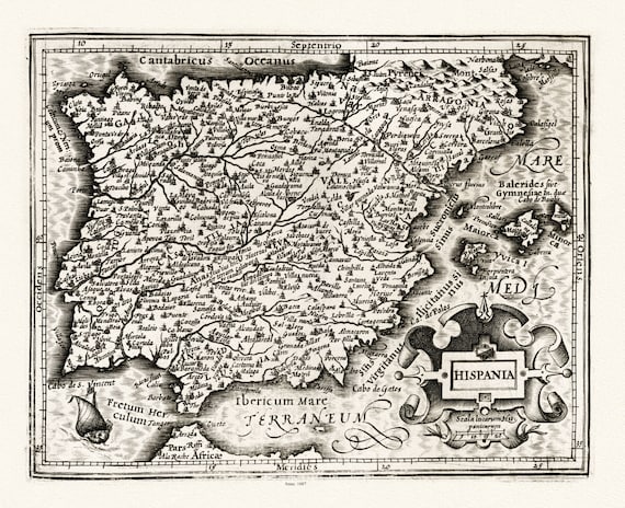 Mercator et Hondius, Hispania, 1607, map on heavy cotton canvas, 22x27" approx.