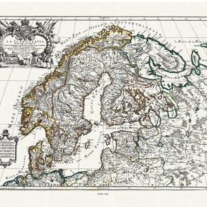 Escandinavia, La Escandinavia. 1699. Rossi auth., mapa sobre lienzo de algodón duradero, 50 x 70 cm o 20x25" aprox.