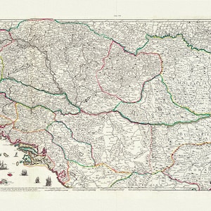 Danubio: Placide de Sainte-Helene et DuVal, Le course du Danube, 1703, mapa sobre lienzo de algodón pesado, 22x27" aprox.