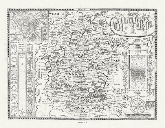 England. Wilshire, 1676, Speed auth., map on durable cotton canvas, 50 x 70 cm or 20x25" approx.