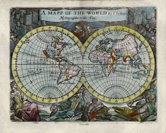 World, Godbid auth., 1682, map on heavy cotton canvas, 50 x 70 cm or 20x25" approx.