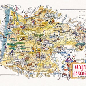 Francia, Jacques Liozu, Guyenne & Gascogne, 1951, mapa sobre lienzo de algodón duradero, 50 x 70 cm o 20x25" aprox.