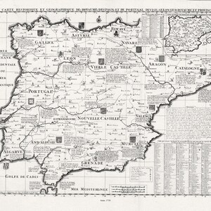 Spain: Chatelain, Carte historique et geographique des Royaumes d Espagne et de Portugal, 1718 , map on heavy cotton canvas, 22x27" approx.