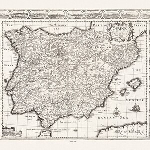 España: John Speed, Spaine, 1626, mapa sobre lienzo pesado de algodón, 22x27" aprox.