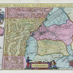 Países Bajos, Territorii Bergensis Accuratissima Descriptio,1665, Blaeu auth., mapa sobre lienzo de algodón pesado, 50 x 70 cm