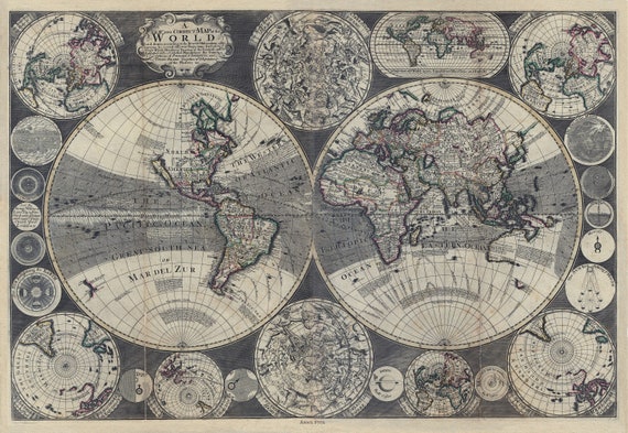 World, Godson auth.,  1702, map on heavy cotton canvas, 50 x 70 cm or 20x25" approx.